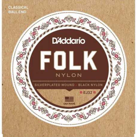 D'ADDARIO EJ32 FOLK NYLON Ball End Silver Wound / Black Treble