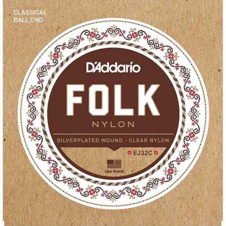 D'ADDARIO EJ32C FOLK NYLON Ball End Silver Wound / Clear Treble